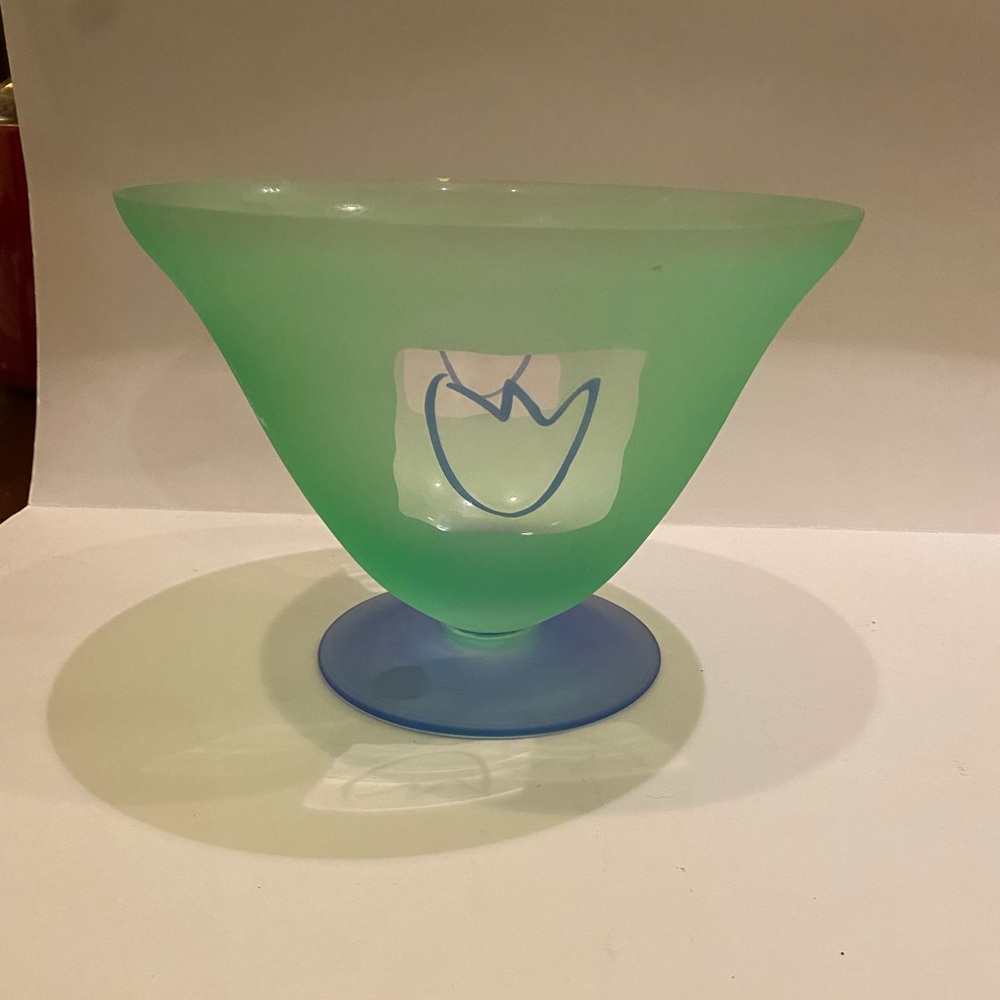 MOUTH BLOWN BLOCK CRYSTAL ART GLASS BOWL.  BLUE & GREEN.